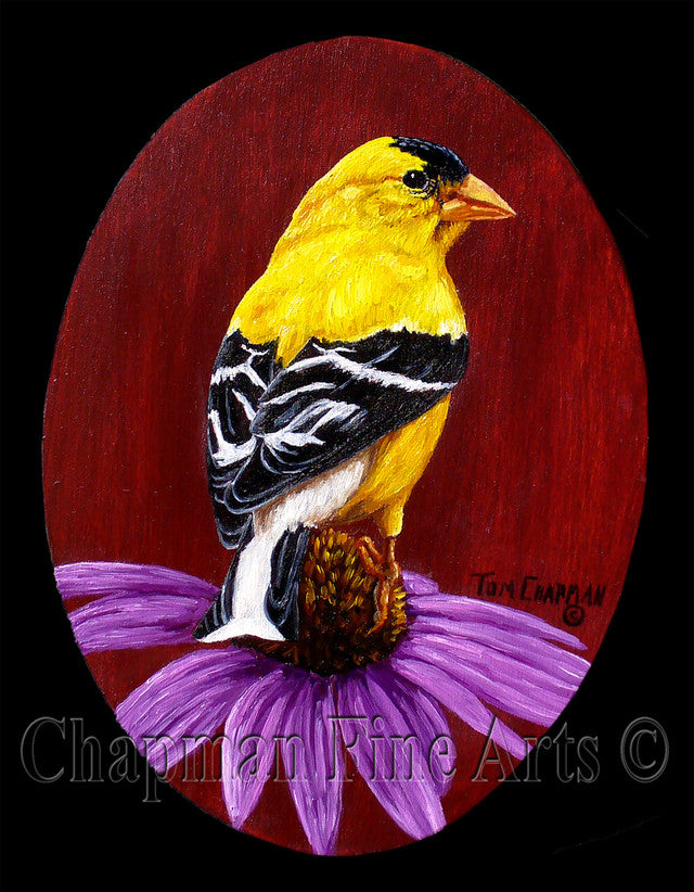 Gold Finch on Purple Daisy, oil painting on oval disk