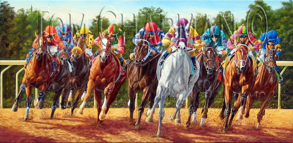 Fanned Out Nine Wide - horseracing giclee canvas print