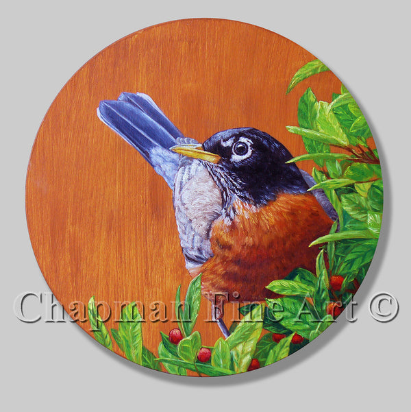 Robin on a Wooden Disk Maple Stain