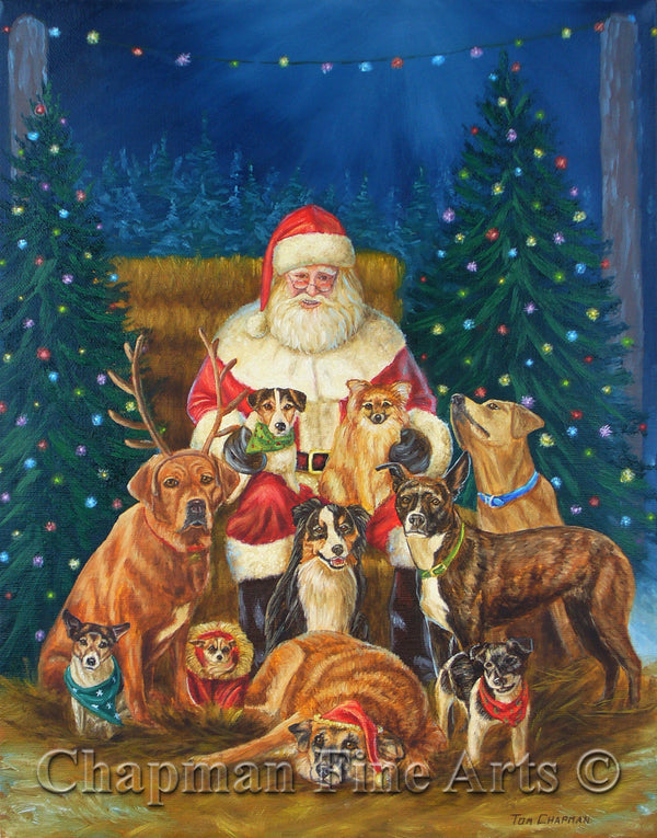 Say Cheese - Giclee canvas print, Santa and dogs